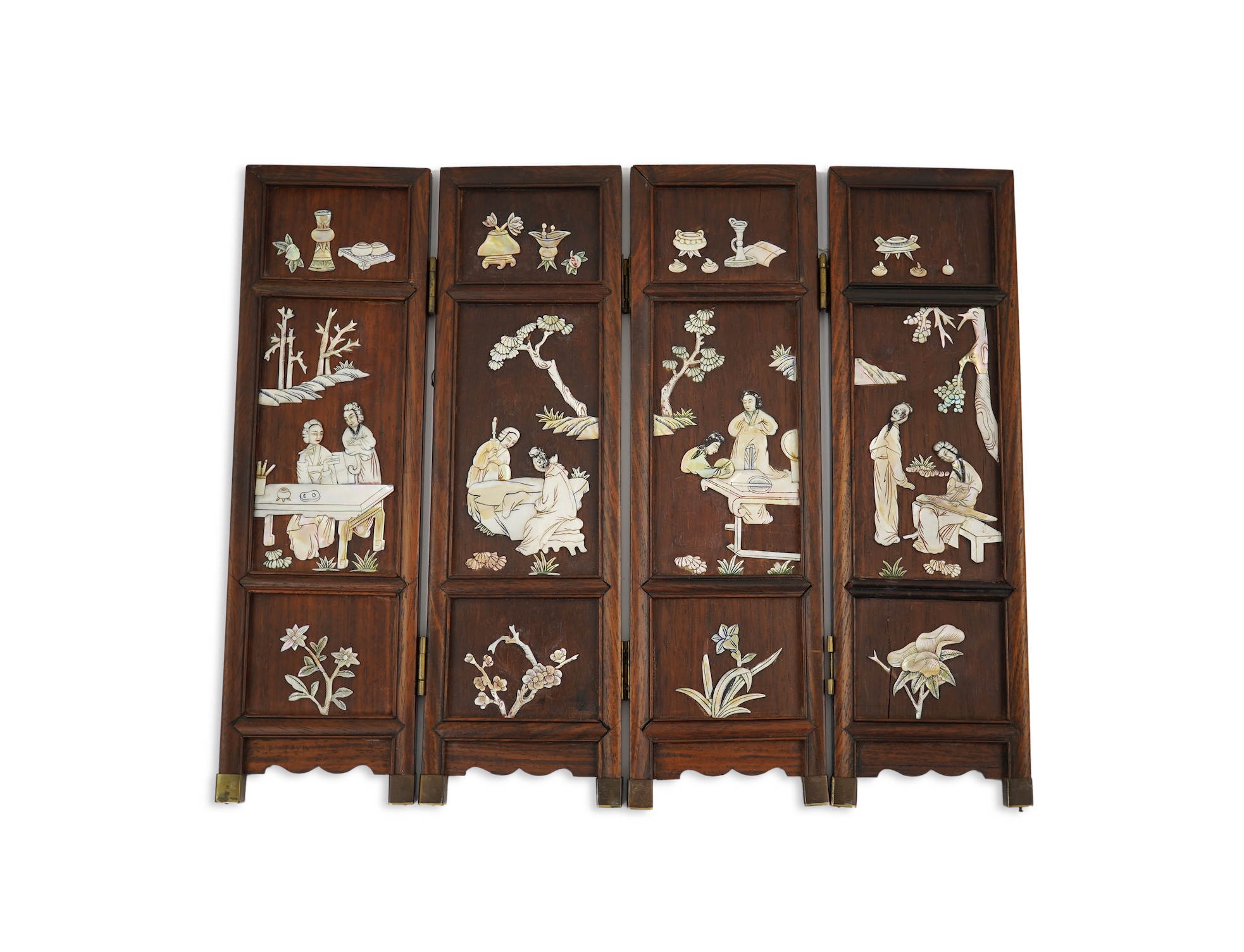 A Chinese mother-of-pearl overlaid hardwood miniature table screen, 19th century